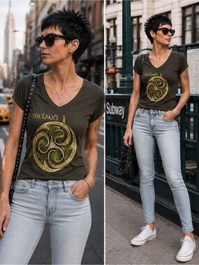 Ireland Celtic Graphic V-Neck Tee in Olive Green